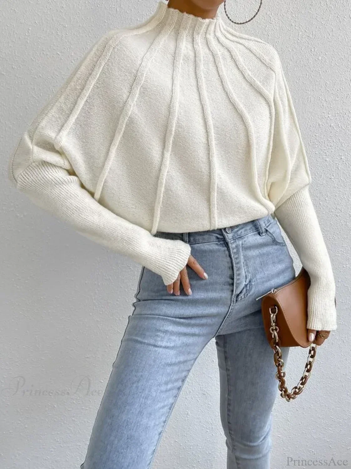 Solid Round Neck Batball Sleeve Loose Sweater - Image 7