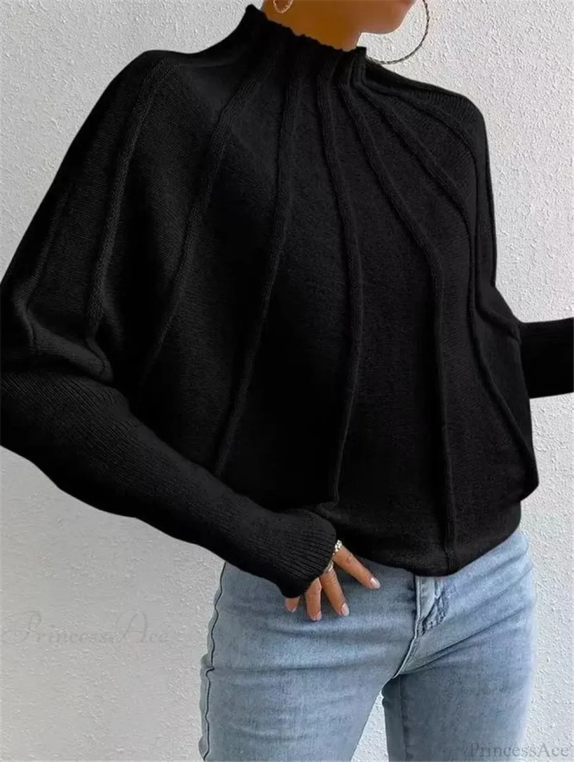 Solid Round Neck Batball Sleeve Loose Sweater - Image 8