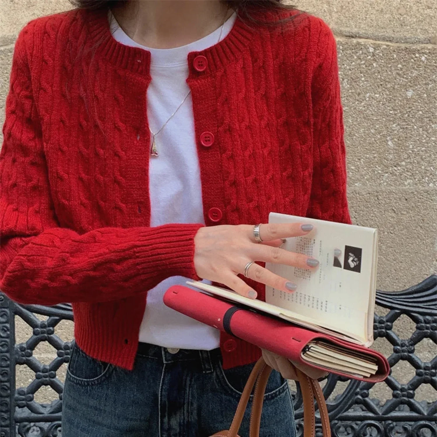 Solid Round Neck Single Breasted 2000s Style Knit Cardigan