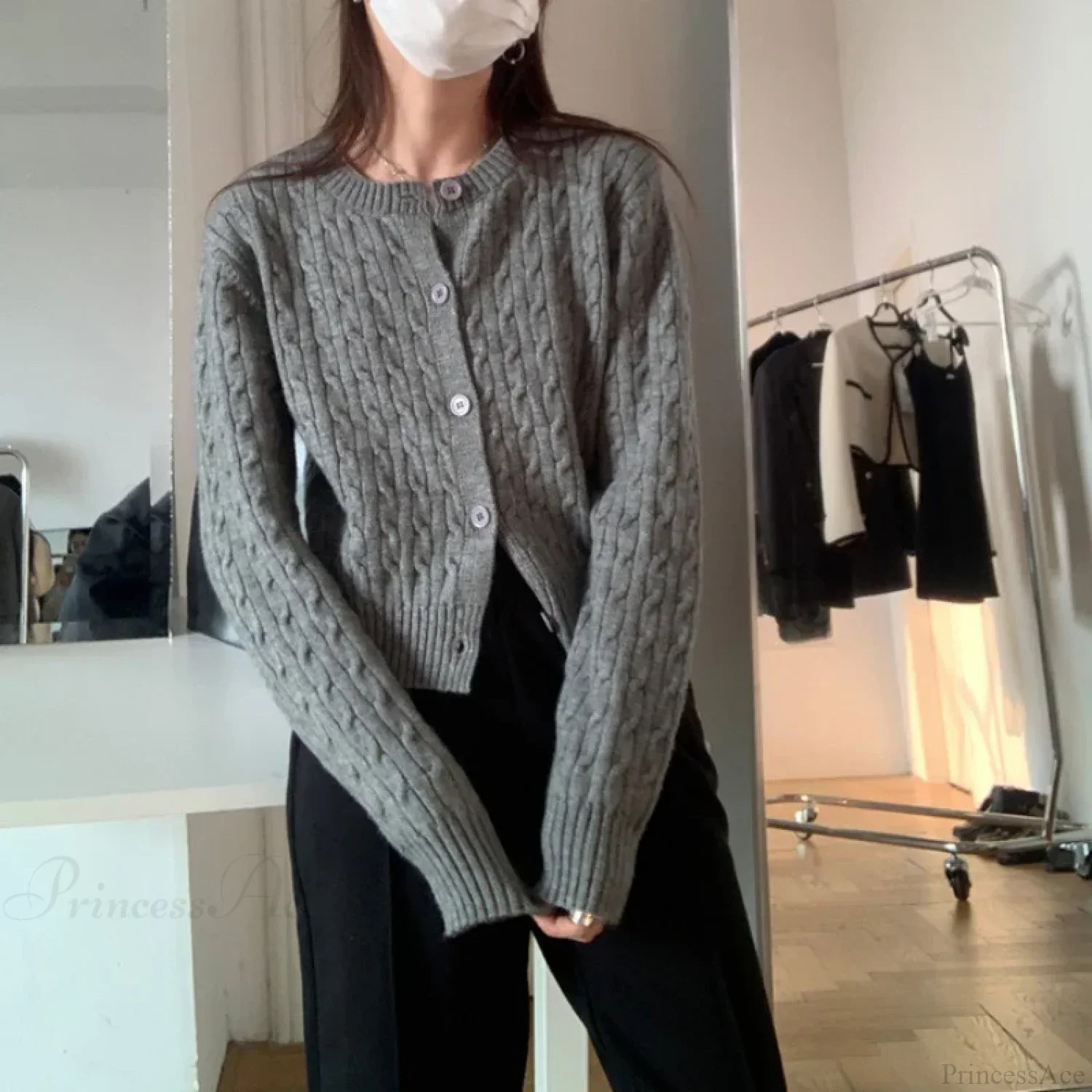 Solid Round Neck Single Breasted 2000s Style Knit Cardigan - Image 3
