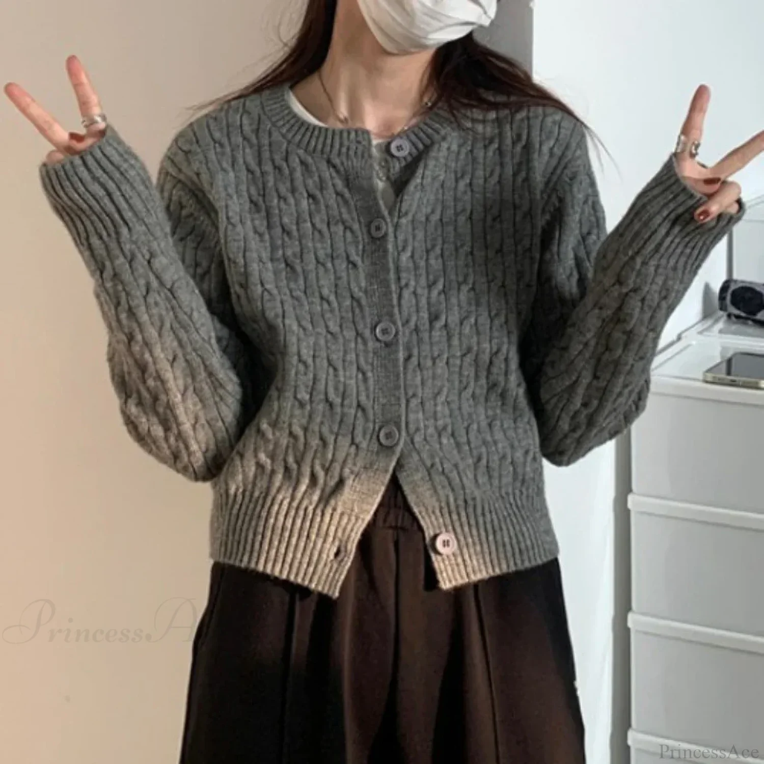Solid Round Neck Single Breasted 2000s Style Knit Cardigan - Image 4