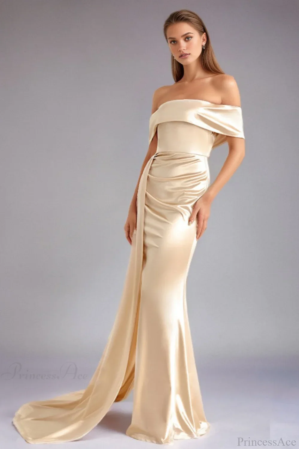 Solid Satin Off-the-Shoulder High Waist Mermaid Evening Dress - Image 2