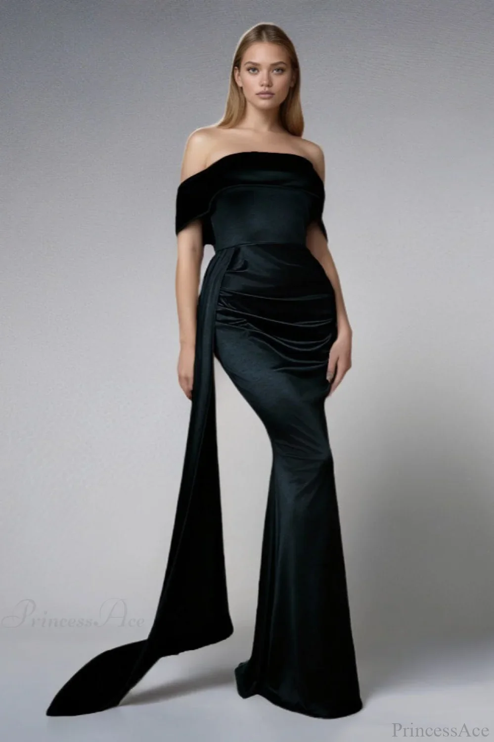 Solid Satin Off-the-Shoulder High Waist Mermaid Evening Dress - Image 5