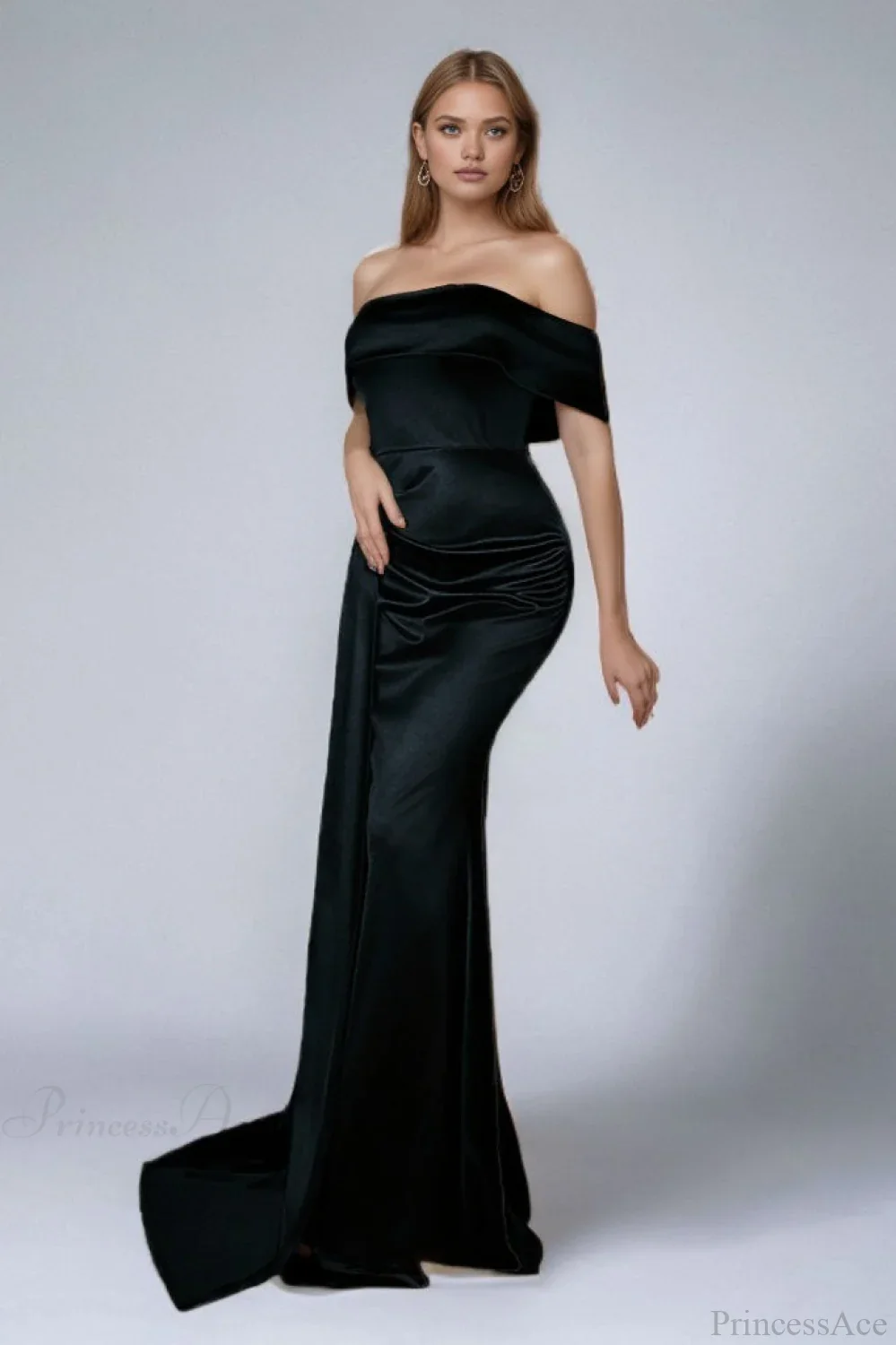 Solid Satin Off-the-Shoulder High Waist Mermaid Evening Dress - Image 6