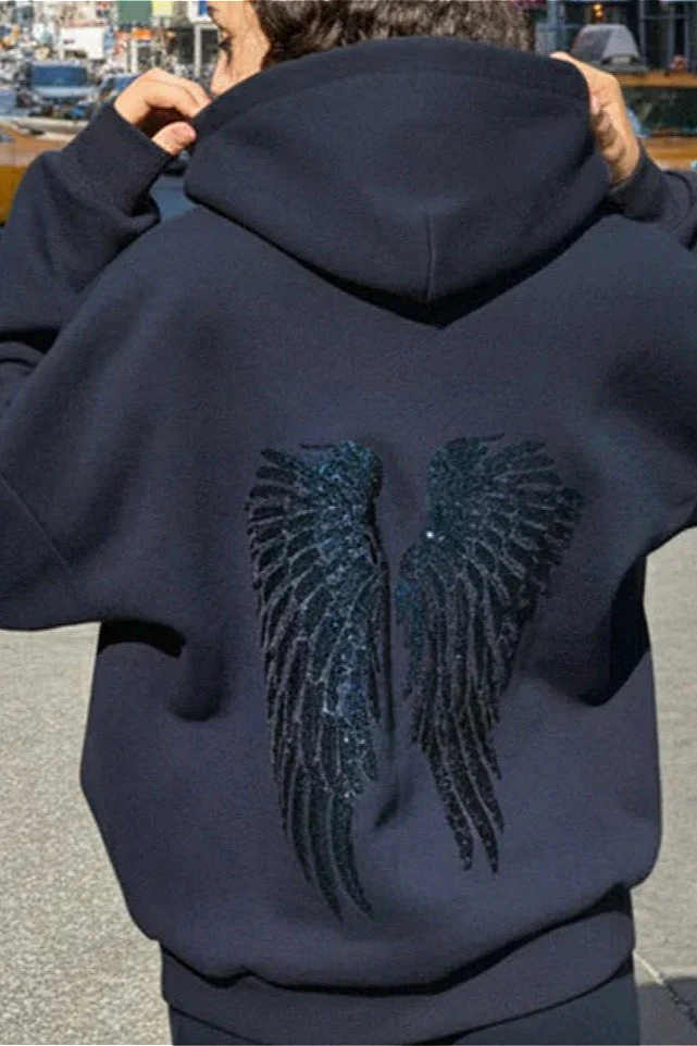 Solid Sequin Wing Graphic Relaxed Hoodie - Image 6