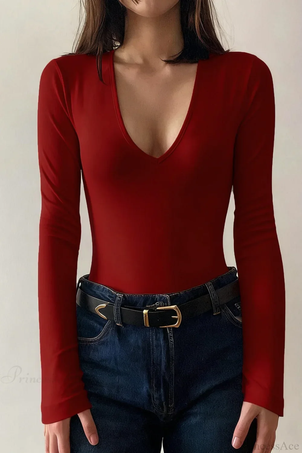 Solid Sexy V-Neck Slim Long Sleeve Tee - Image 2