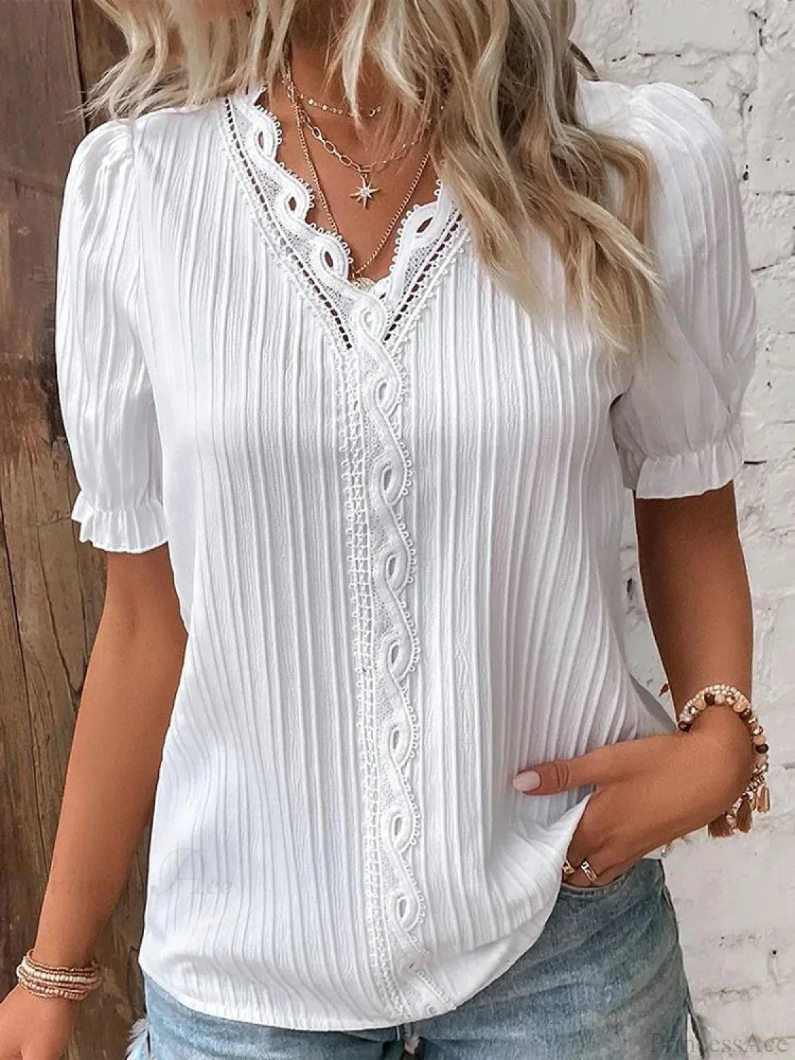 Solid Sexy V-neck Splice Short Sleeve Blouse - Image 2