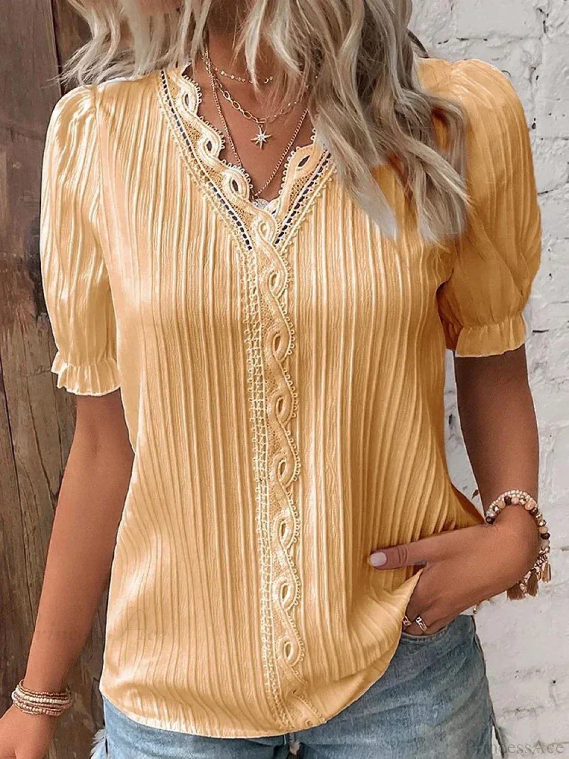 Solid Sexy V-neck Splice Short Sleeve Blouse - Image 3