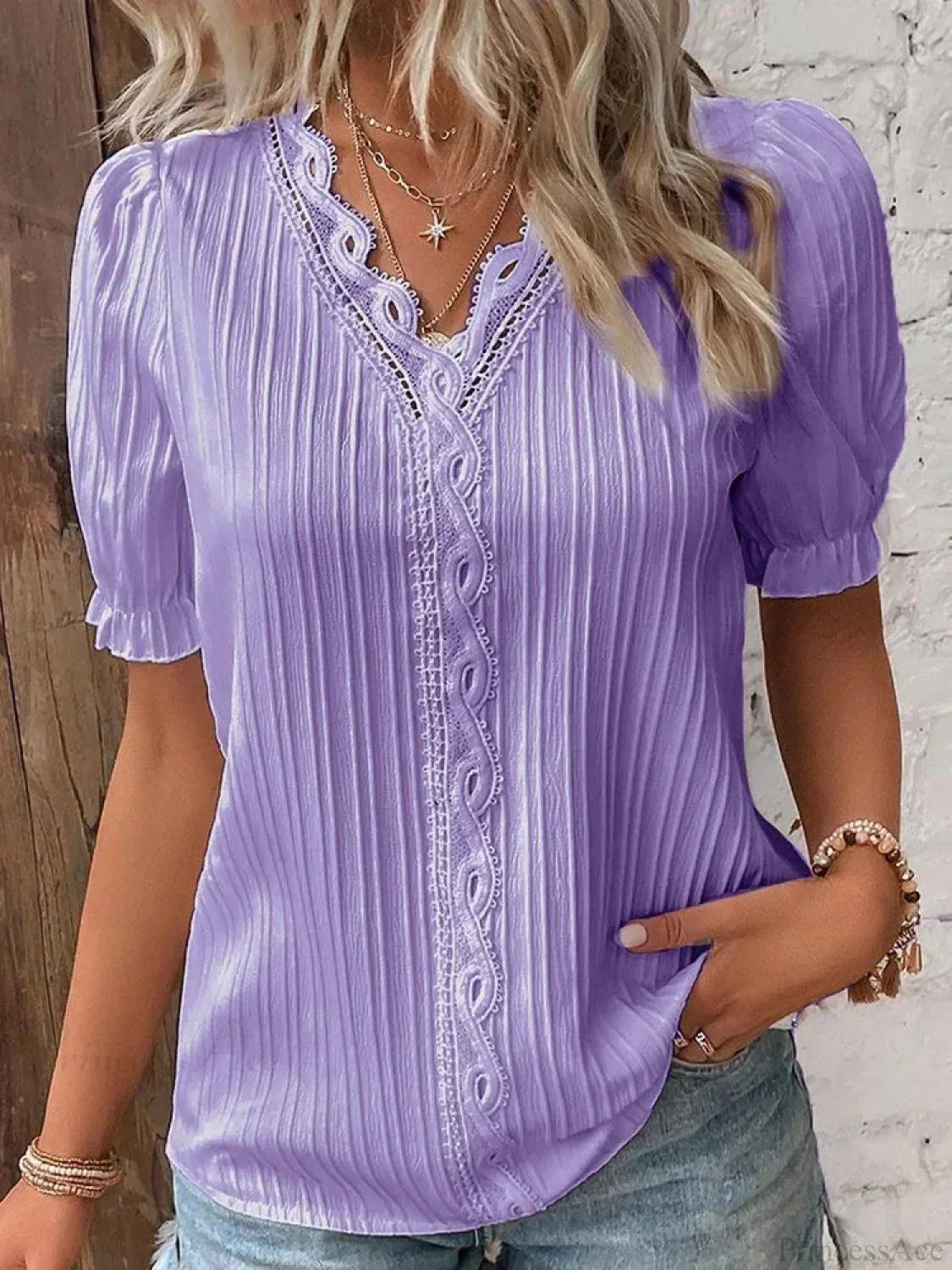Solid Sexy V-neck Splice Short Sleeve Blouse - Image 4