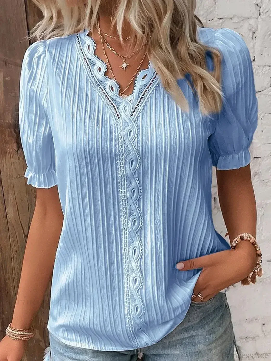 Solid Sexy V-neck Splice Short Sleeve Blouse - Image 7