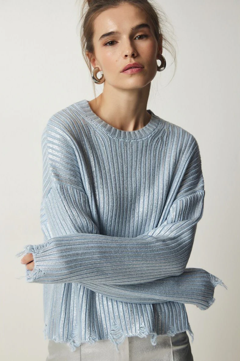 Solid Simple Silver Foil Loose Slim Long Sleeve Sweater - Image 4