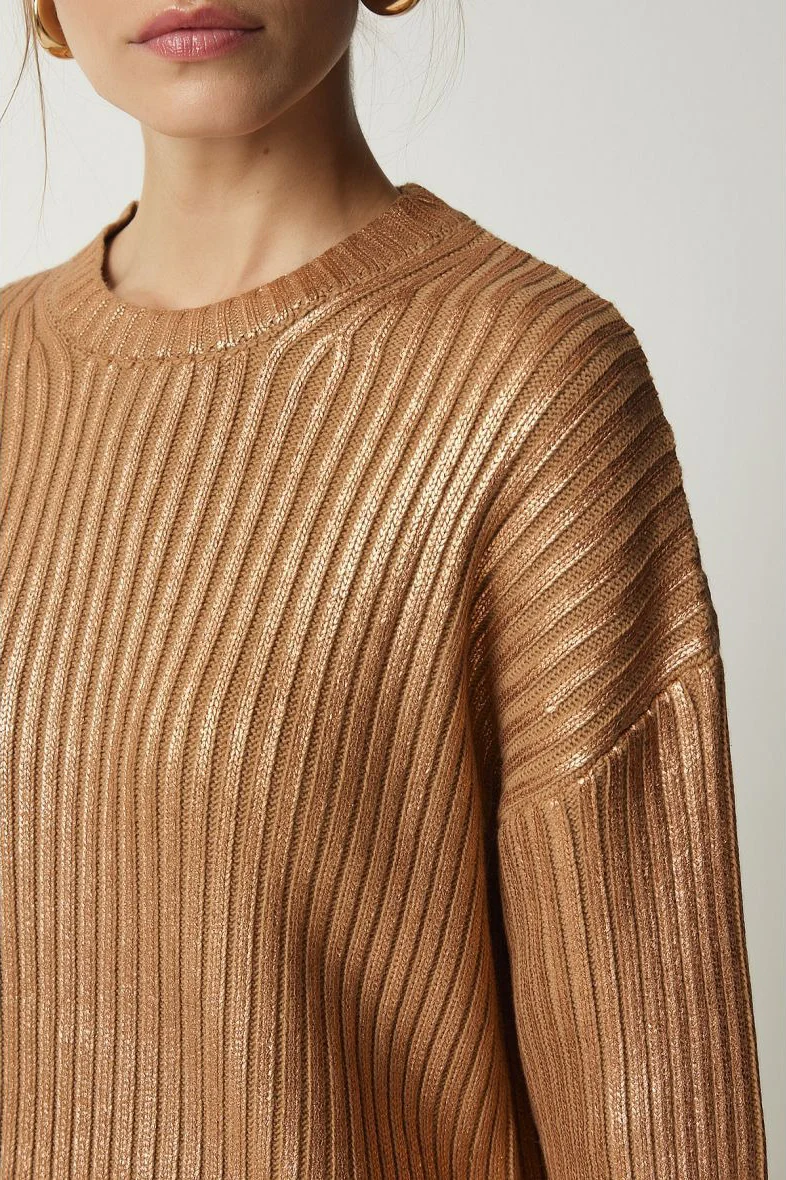 Solid Simple Silver Foil Loose Slim Long Sleeve Sweater - Image 9