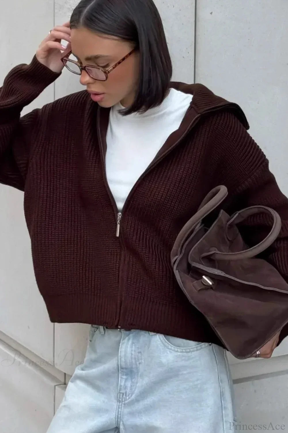 Solid Simple Zip Cardigan Casual Slouchy Knit Jacket - Image 4