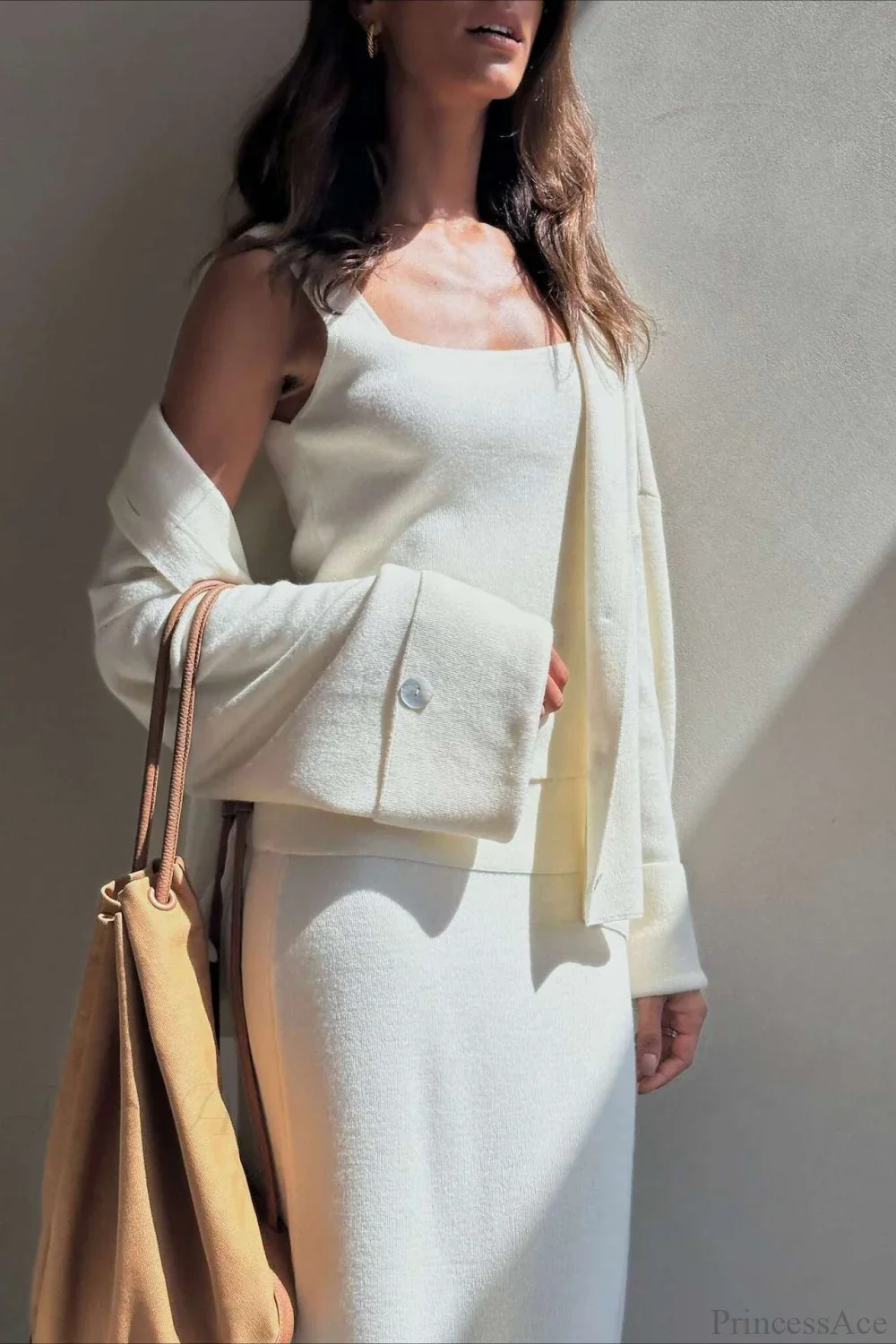 Solid Soft Minimalist Knit Cami Midi Skirt Three Piece Set - Image 2
