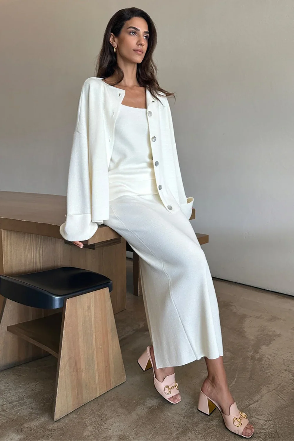 Solid Soft Minimalist Knit Cami Midi Skirt Three Piece Set - Image 4