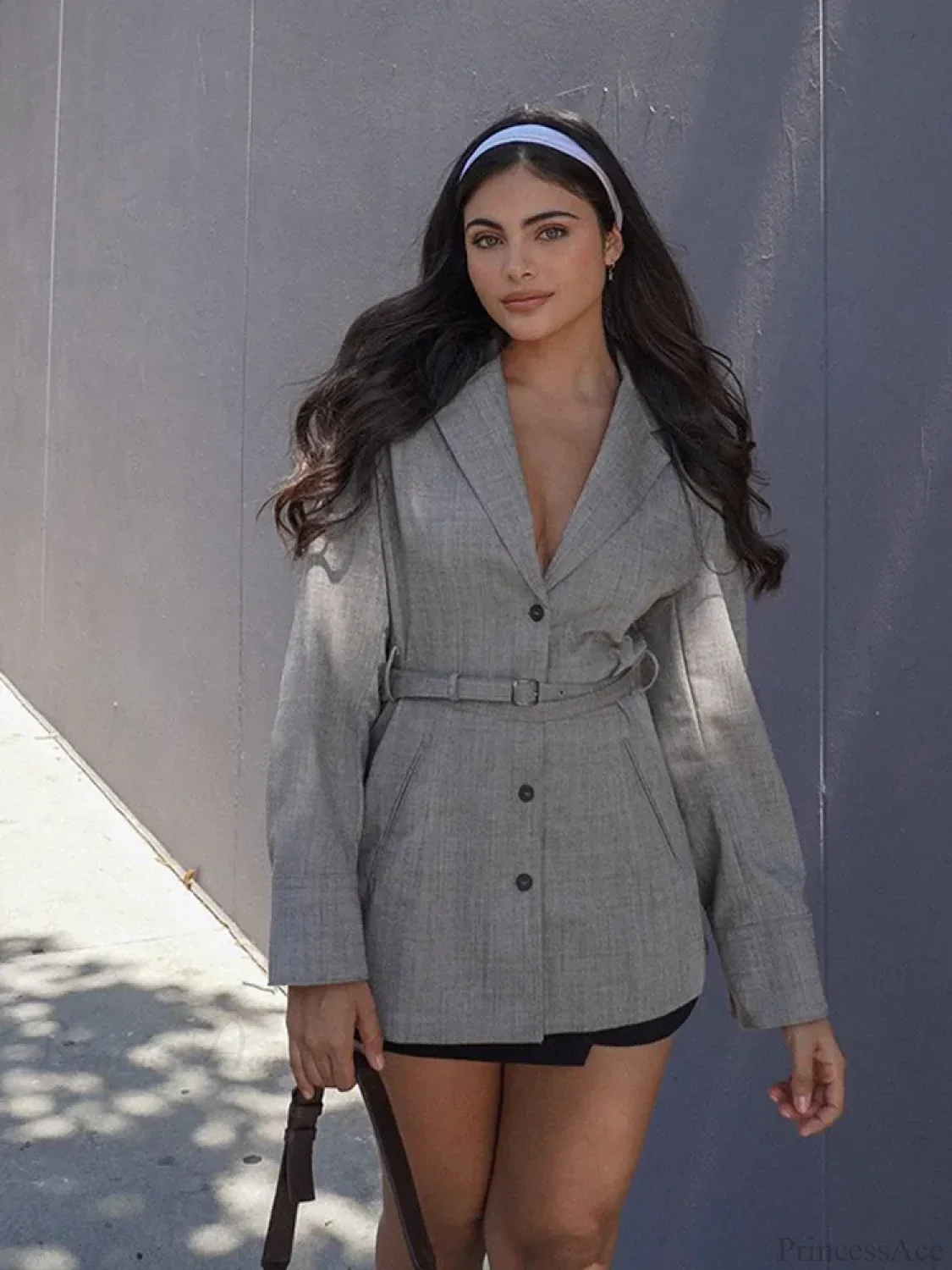 Solid Suit Coat with Belt V-neck Lapel Coat - Image 2