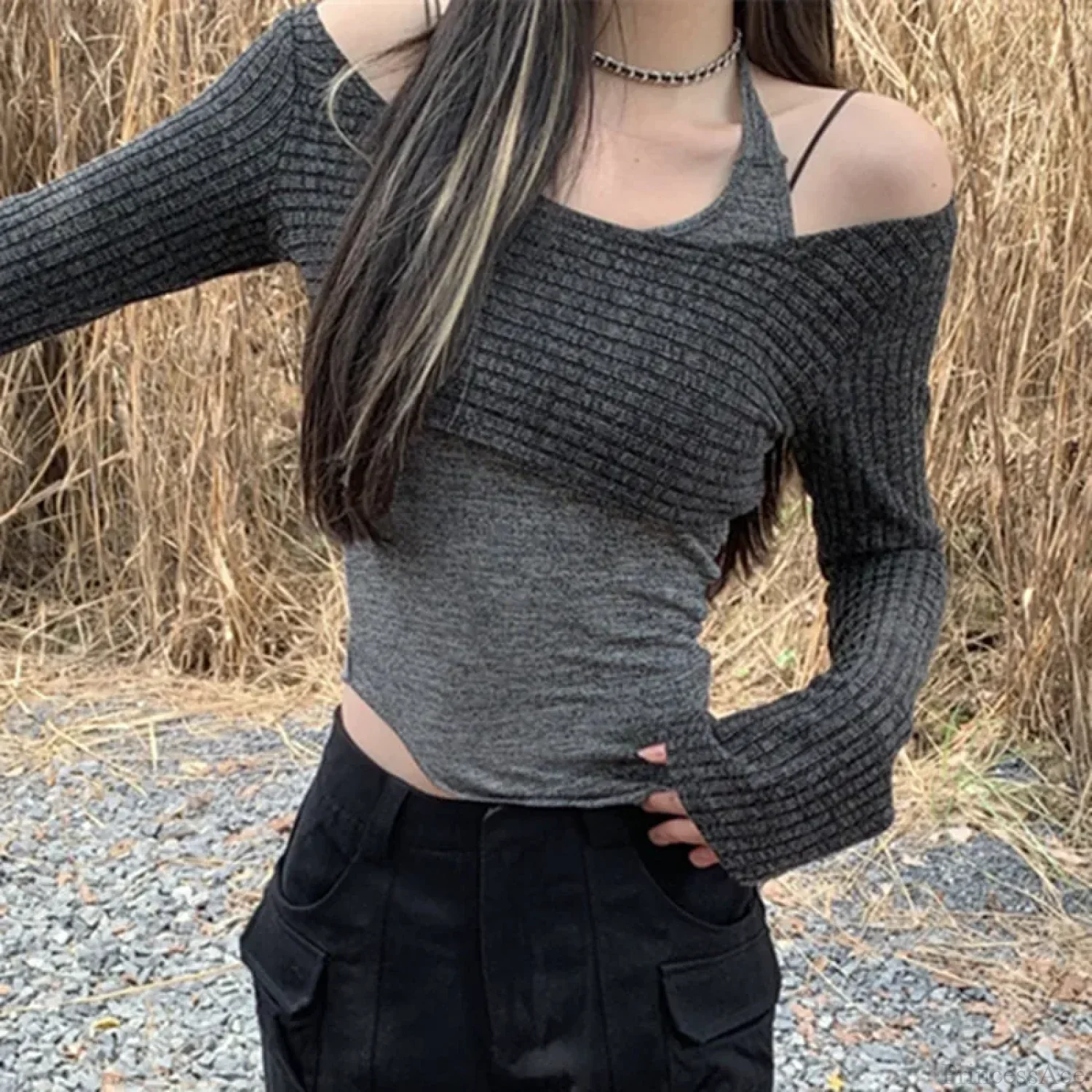 Solid Tank Tie-Up Halter Backless Long Sleeve Knit Top - Image 2