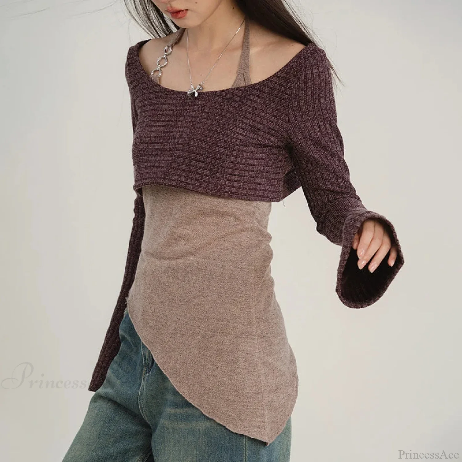 Solid Tank Tie-Up Halter Backless Long Sleeve Knit Top - Image 4