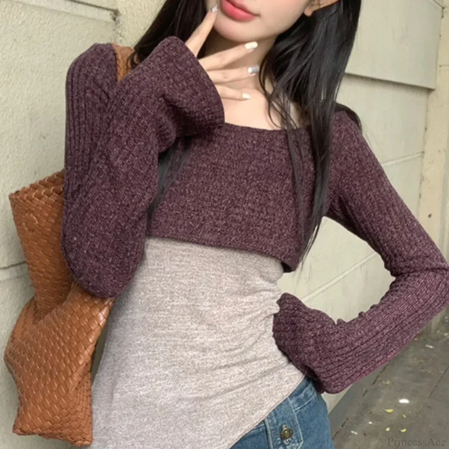 Solid Tank Tie-Up Halter Backless Long Sleeve Knit Top - Image 5