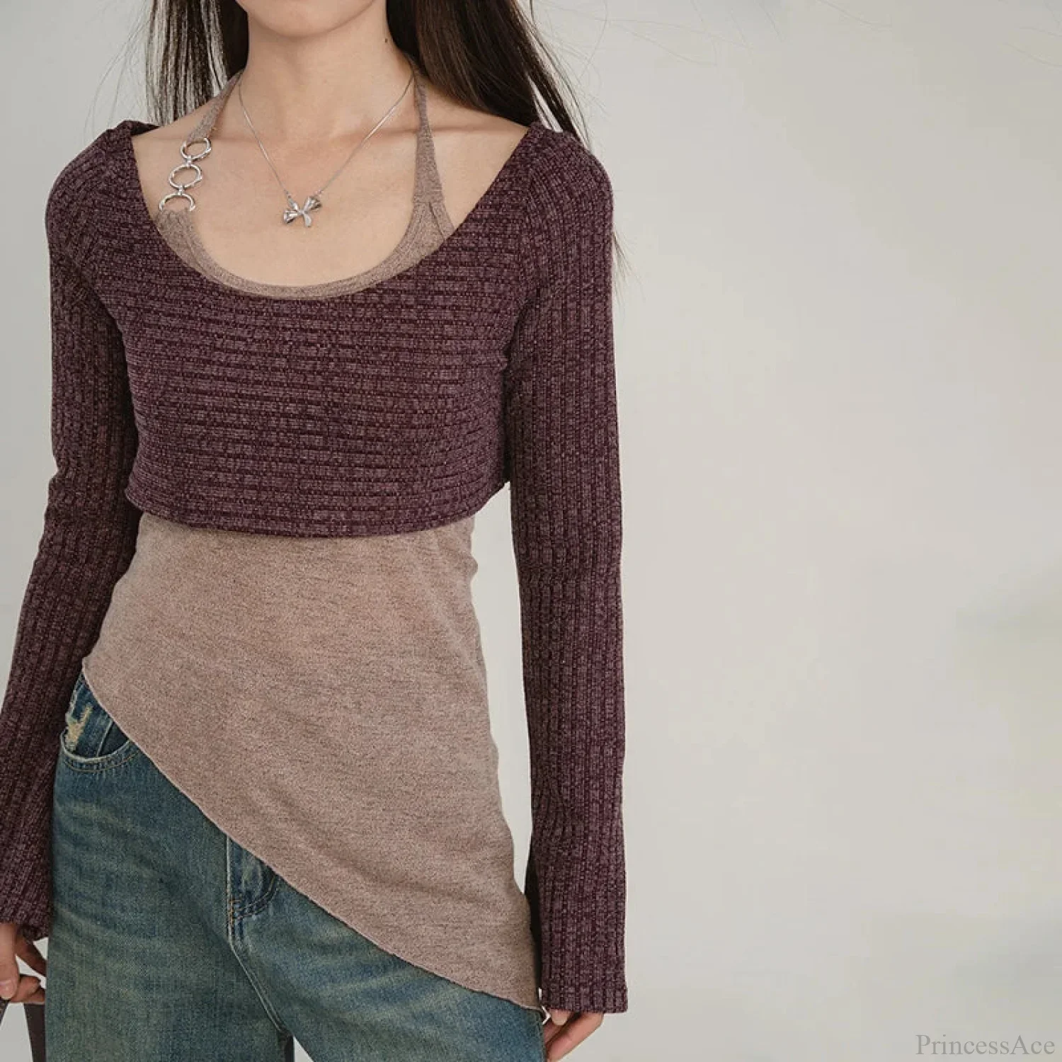 Solid Tank Tie-Up Halter Backless Long Sleeve Knit Top - Image 6