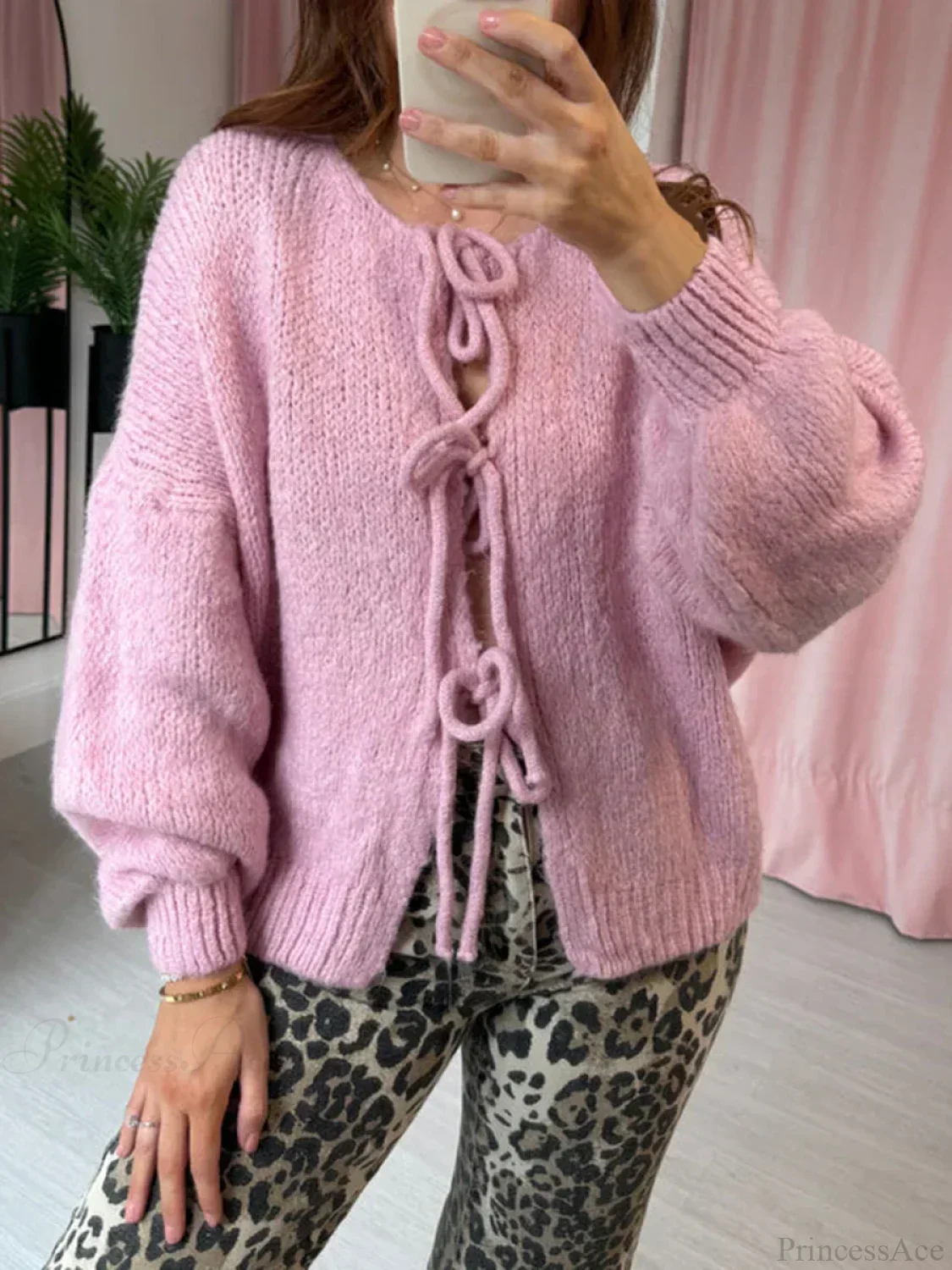 Solid Tie Front Round Neck Loose Cardigan
