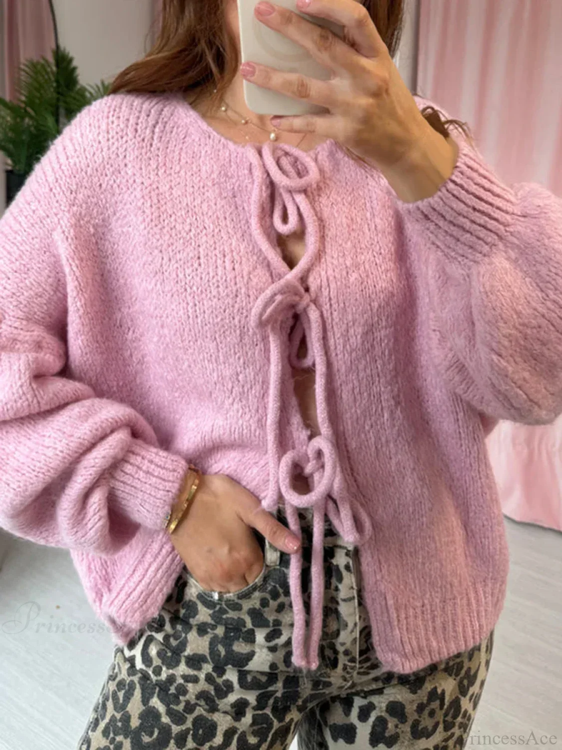 Solid Tie Front Round Neck Loose Cardigan - Image 2