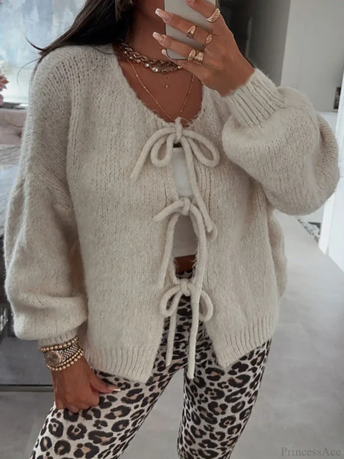 Solid Tie Front Round Neck Loose Cardigan - Image 4