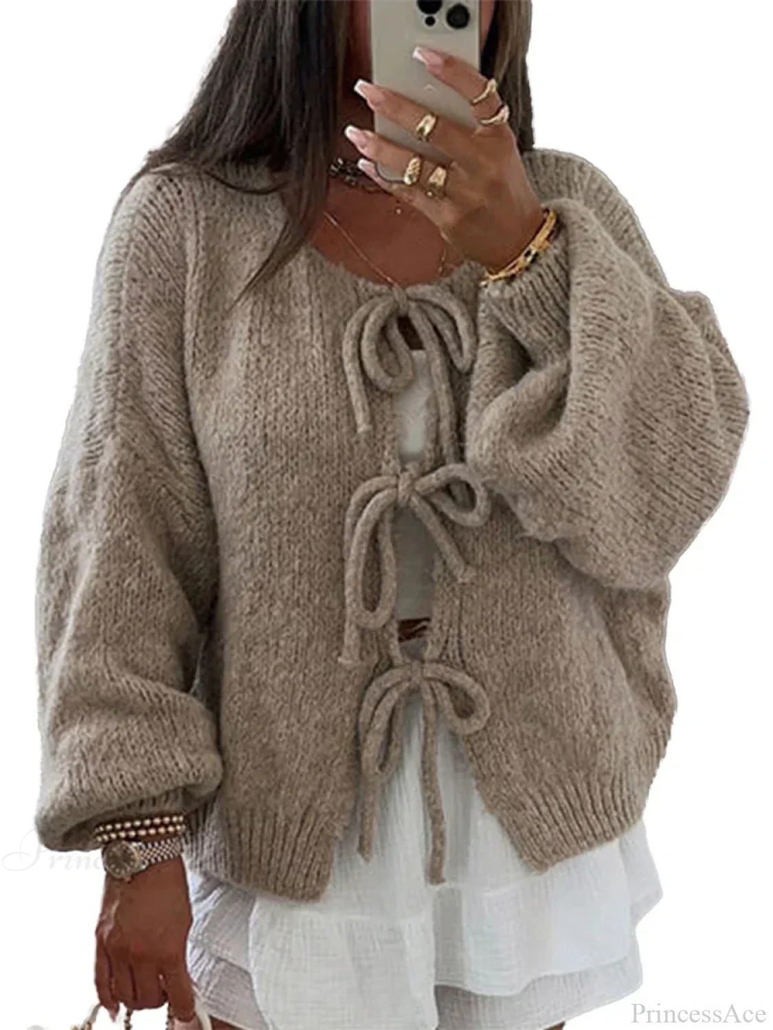 Solid Tie Front Round Neck Loose Cardigan - Image 6