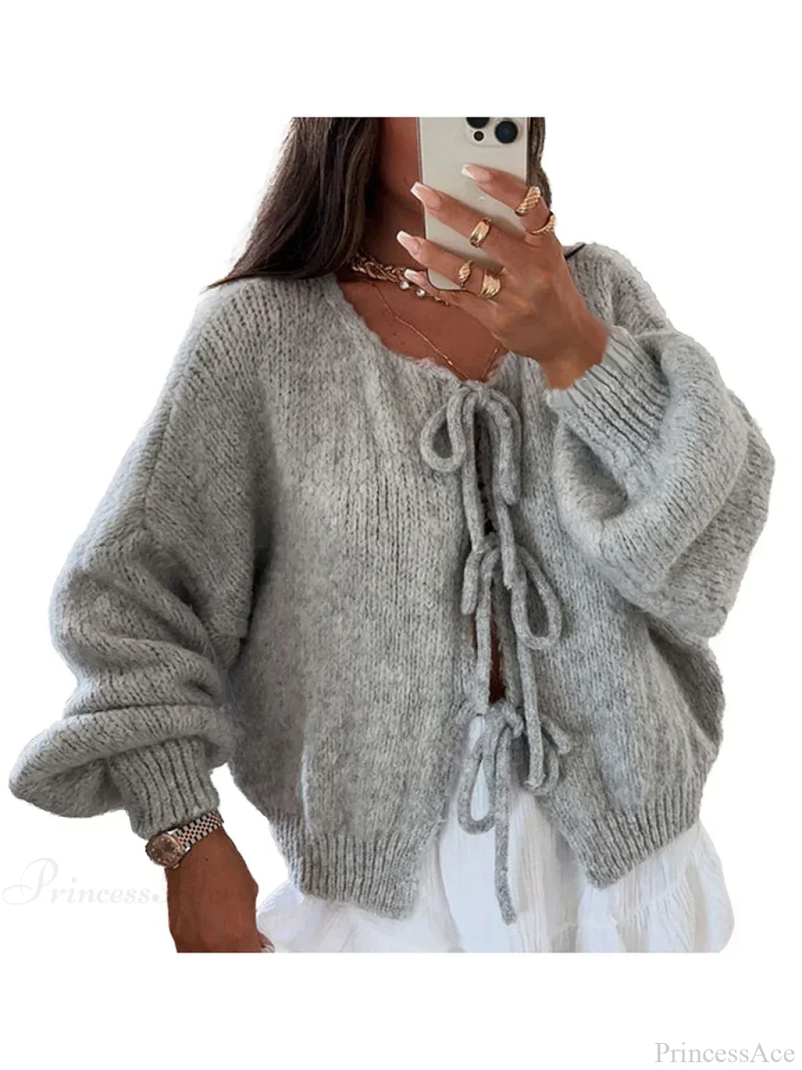Solid Tie Front Round Neck Loose Cardigan - Image 7