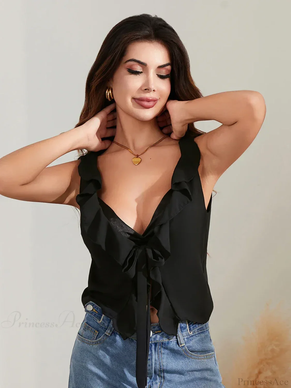 Solid Tie Front Sleeveless Ruffle Trim Low Cut Crop Top - Image 4