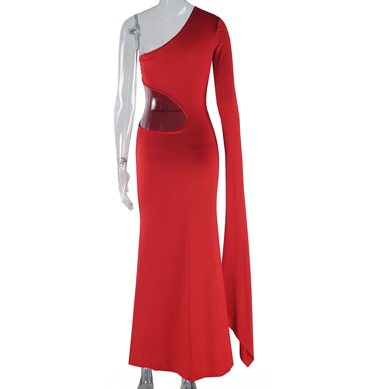 Solid Trend Incline Shoulder Hollow High Street Maxi Dress Sexy Elegant Party Dress - Image 6