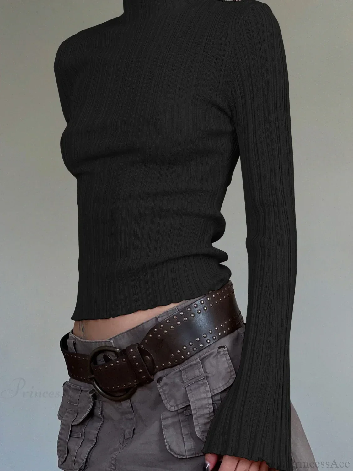 Solid Turtleneck Slim Flare Sleeve Long Sleeve Knit Top - Image 2
