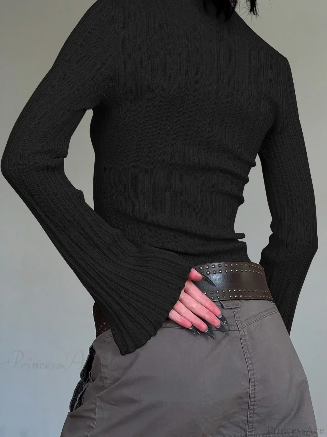 Solid Turtleneck Slim Flare Sleeve Long Sleeve Knit Top - Image 3