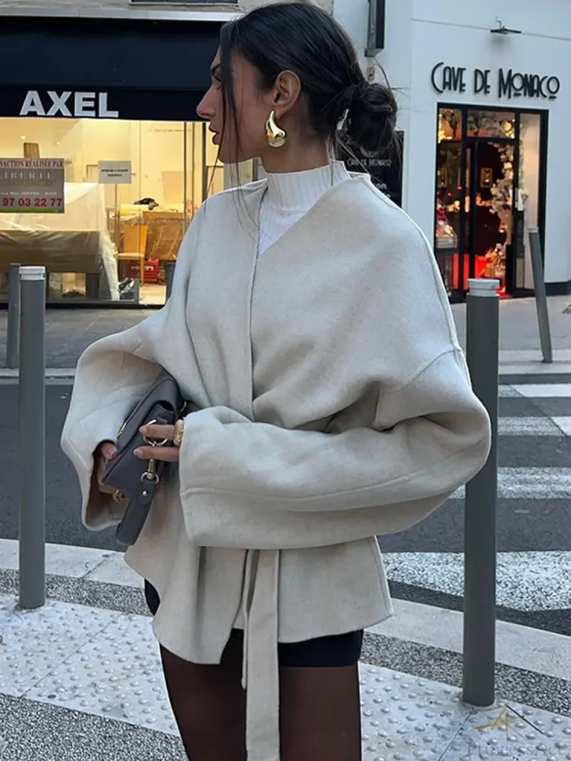Solid V-neck Lace-up Coat - Image 3
