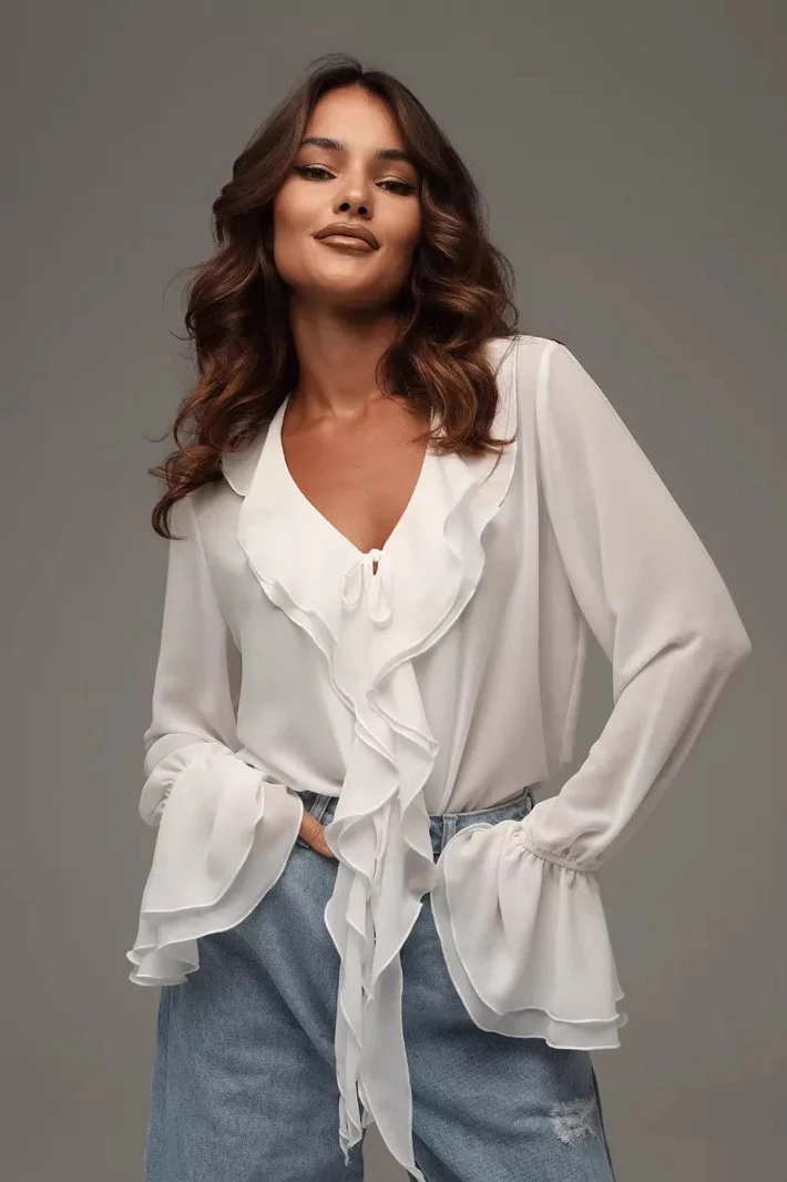 Solid V-Neck Ruffled Flare Sleeve Blouse - Image 2