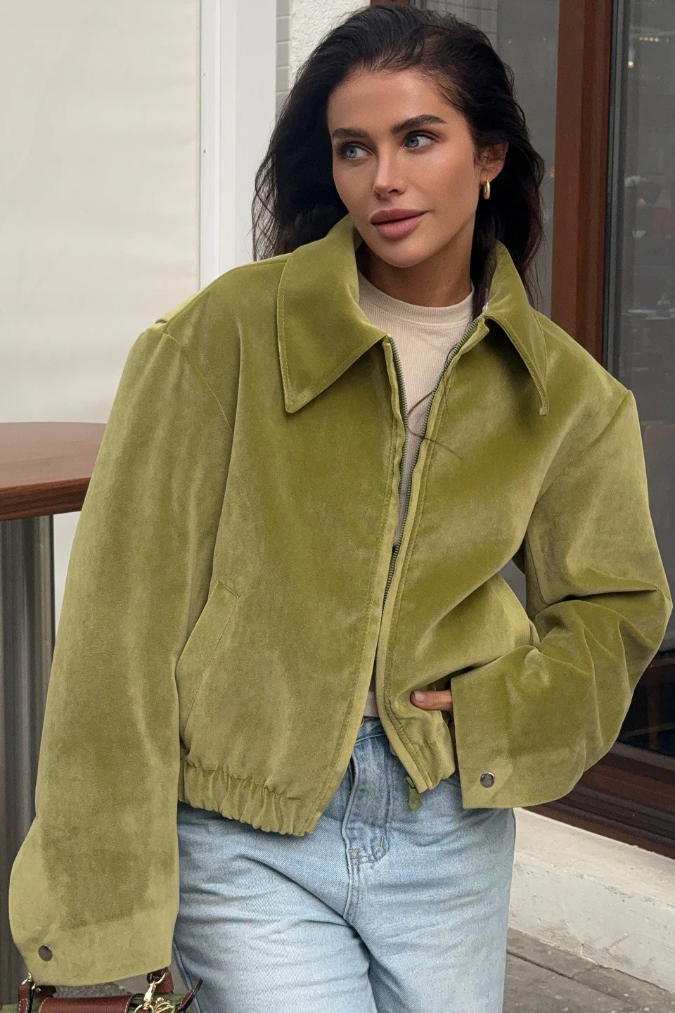 Solid Velour Collared Jacket - Image 2
