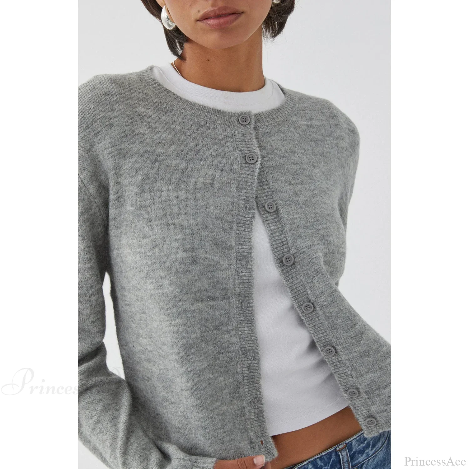 Solid Vintage Round Neck Button Cardigan - Image 2