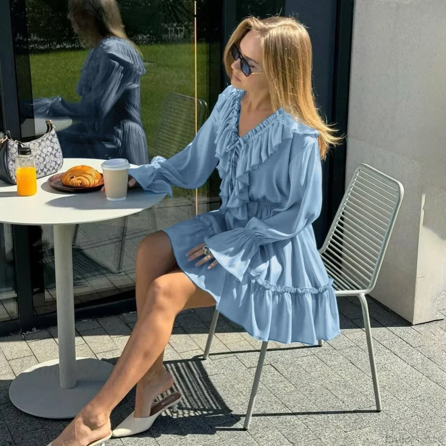 Solid White Cotton Rayon Long Sleeve Ruffle Dress - Image 5