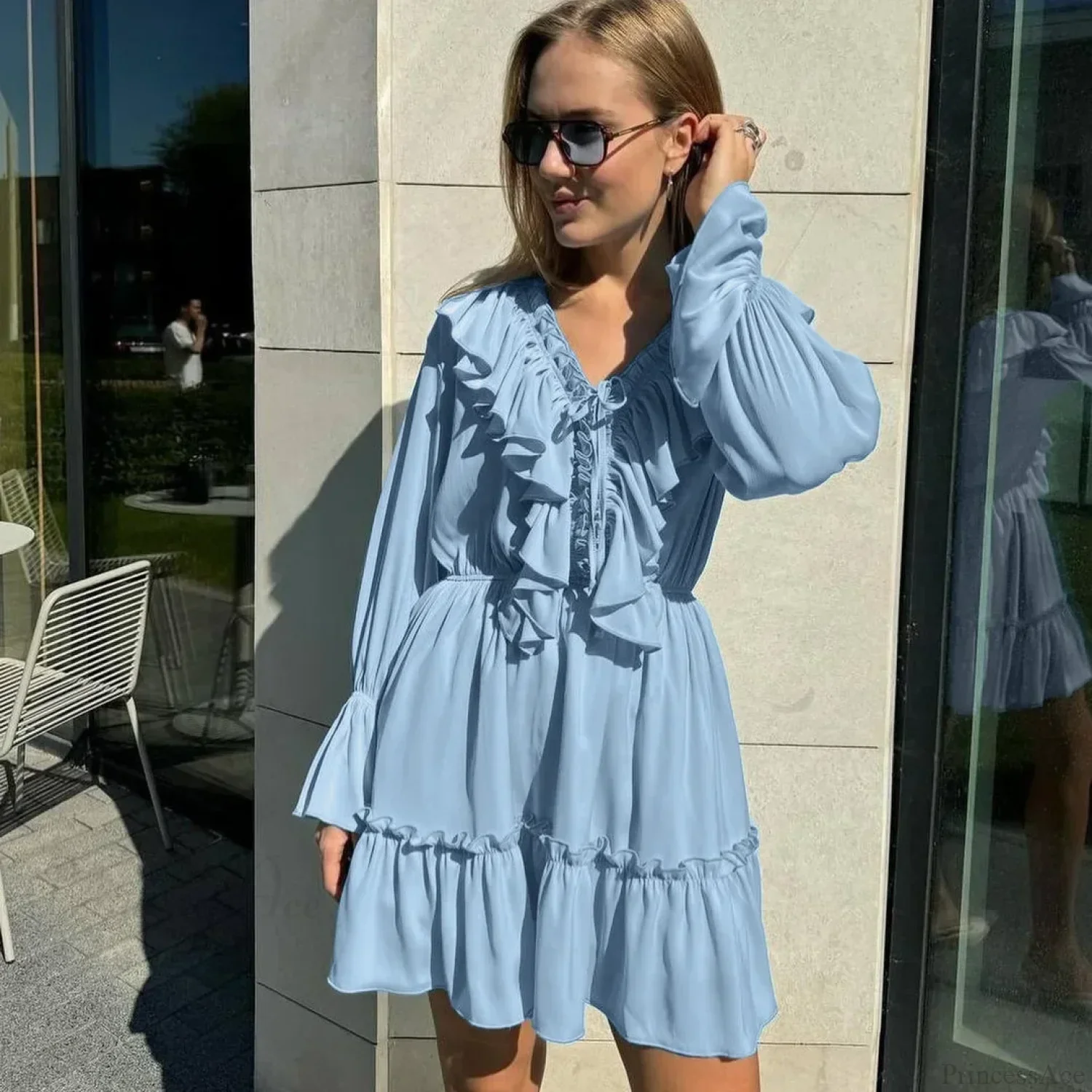 Solid White Cotton Rayon Long Sleeve Ruffle Dress - Image 7