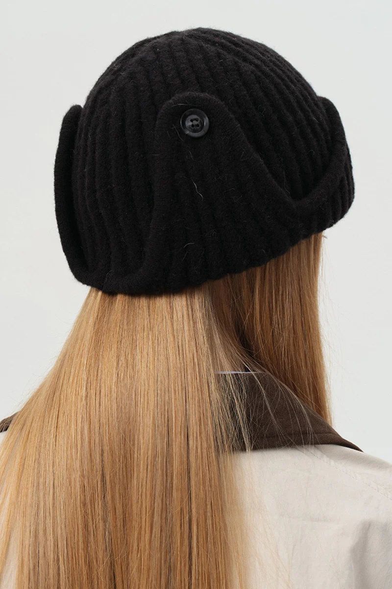 Solid Wool Blend Irregular Button Knitted Hat - Image 10