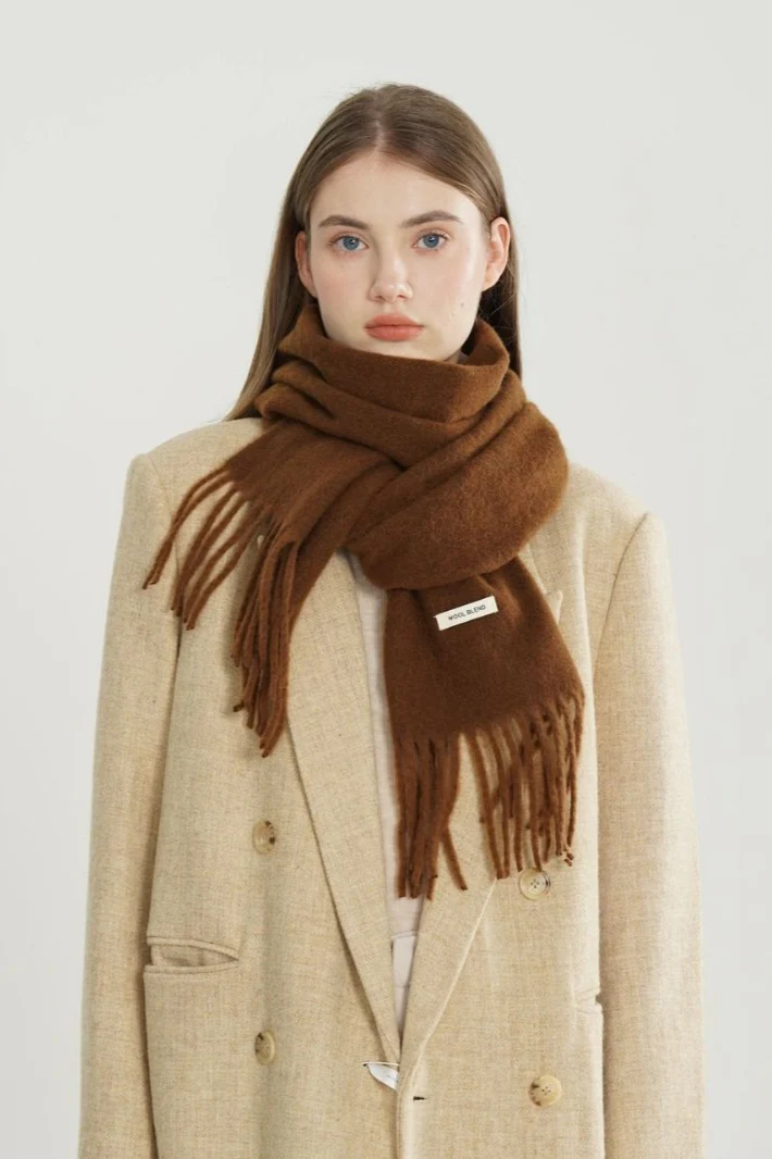 Solid Woven Fringe Wool Blend Scarf - Image 2