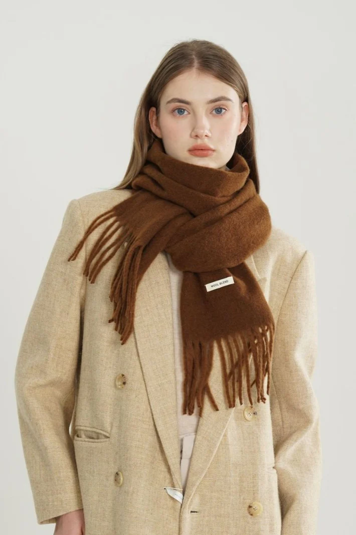 Solid Woven Fringe Wool Blend Scarf - Image 5