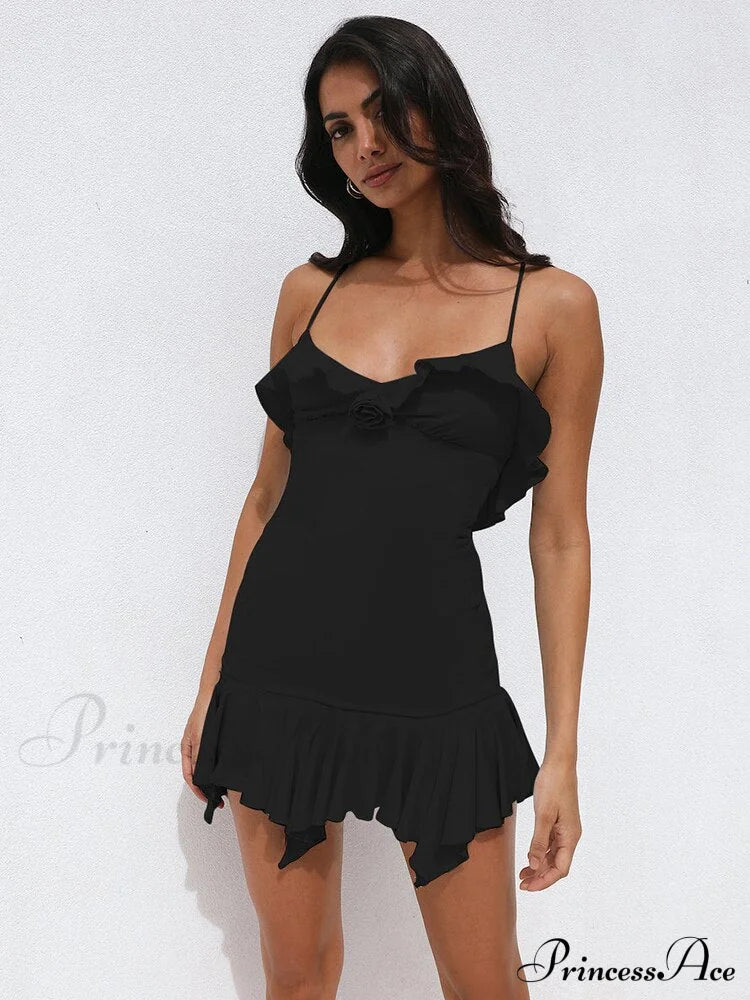 Spaghetti Party Coastal Strap Mini Gown Elegant Flower Off-shoulder Robe Women Backless Bodycon Ruffle Dress - Image 6
