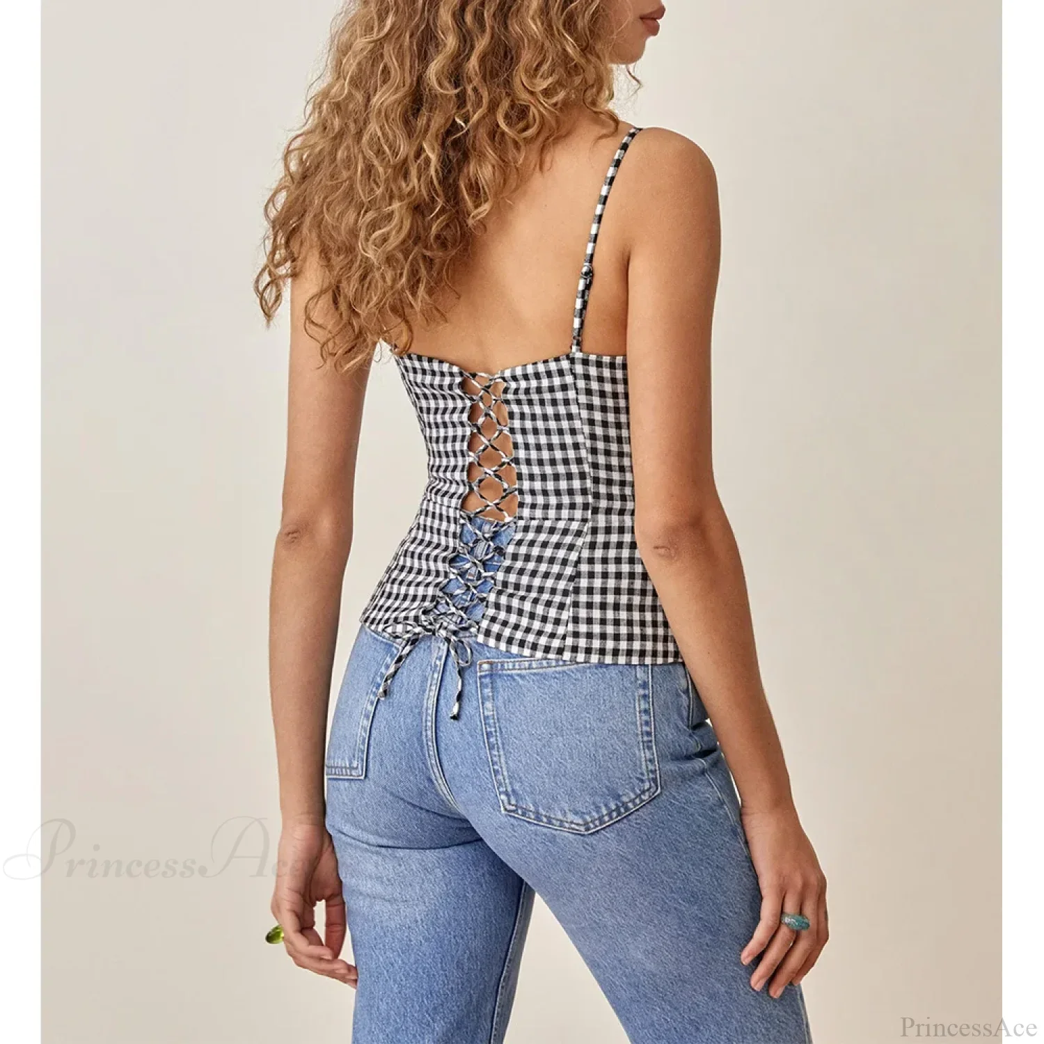 Spaghetti Strap Front Button Gingham Lace Up V Neck Casual Crop Top - Image 2