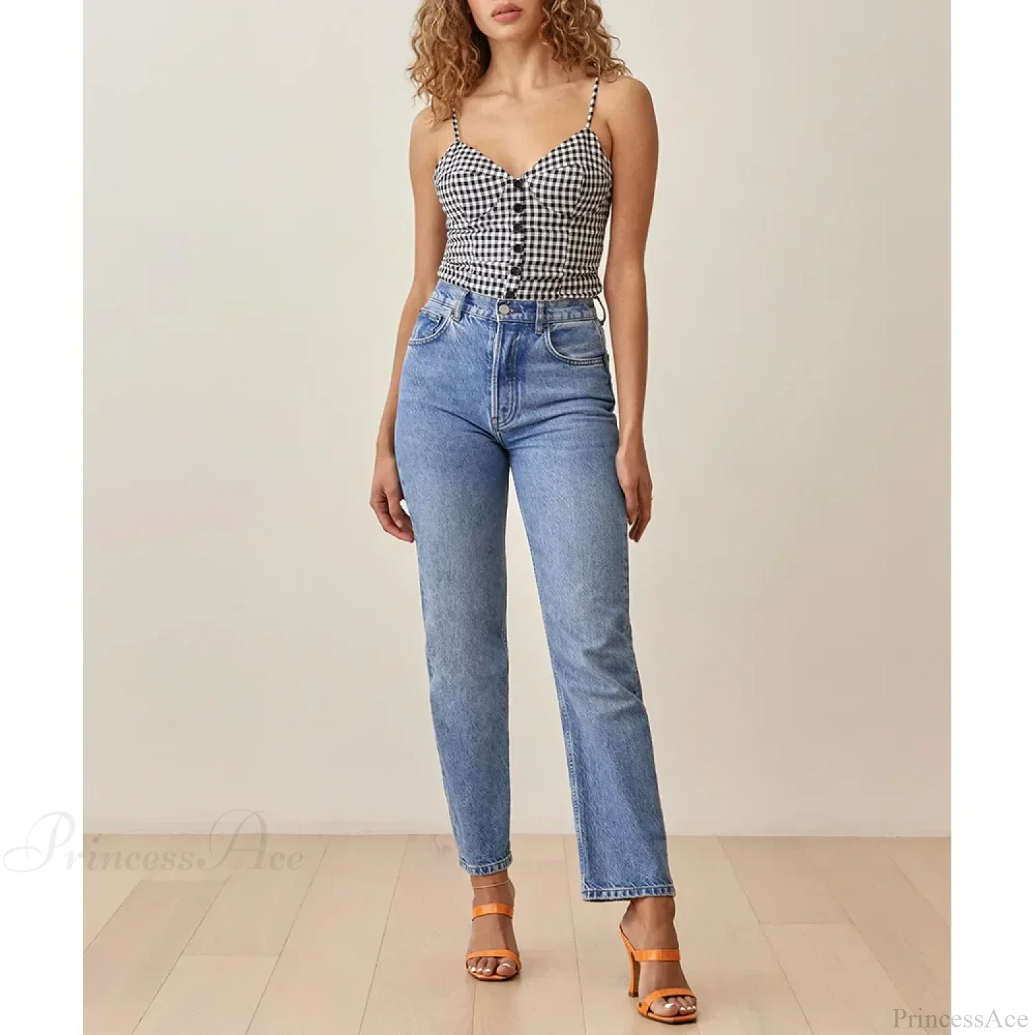 Spaghetti Strap Front Button Gingham Lace Up V Neck Casual Crop Top - Image 3