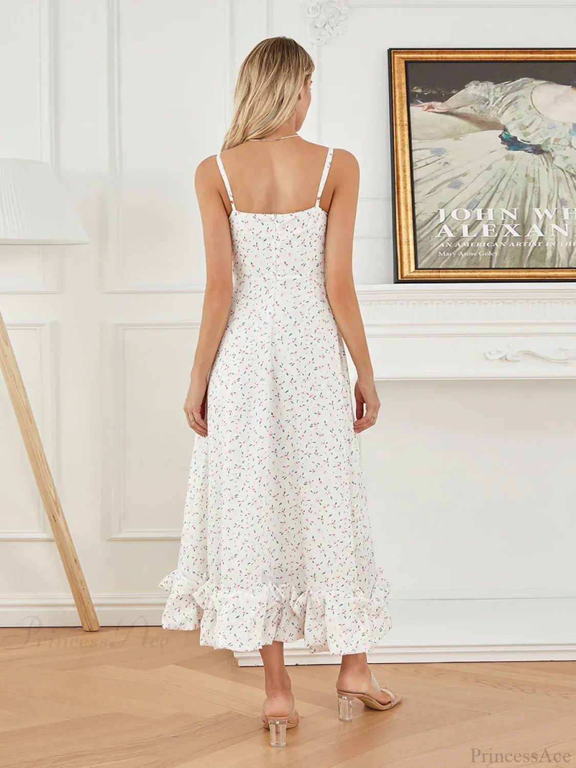 Spaghetti Strap Ruffled Long Sweet Sling Bubble Hem A-line Floral Dress - Image 6