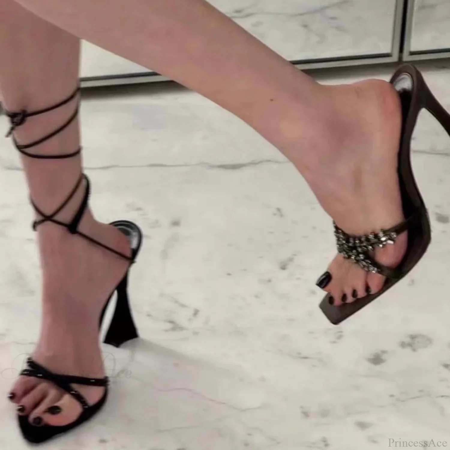Sparkling Gothic Cross Peep-Toe Sandals Stiletto Tall Heel - Image 2