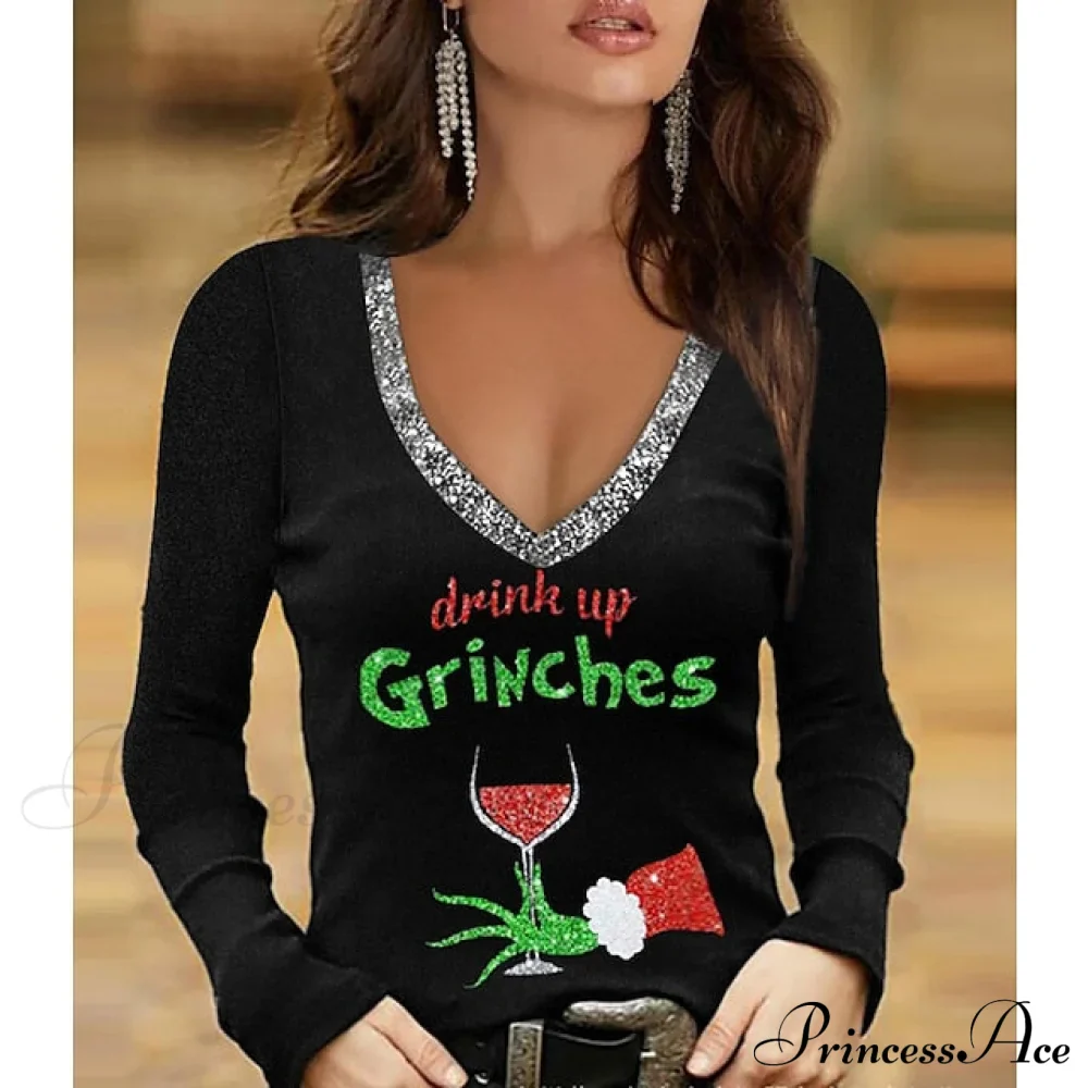 Sparkly 3D Painting shirt Green Wine / Regular T Weekend Design V Fuchsia Tee Women's Neck Long S Tree Arm Design Basic