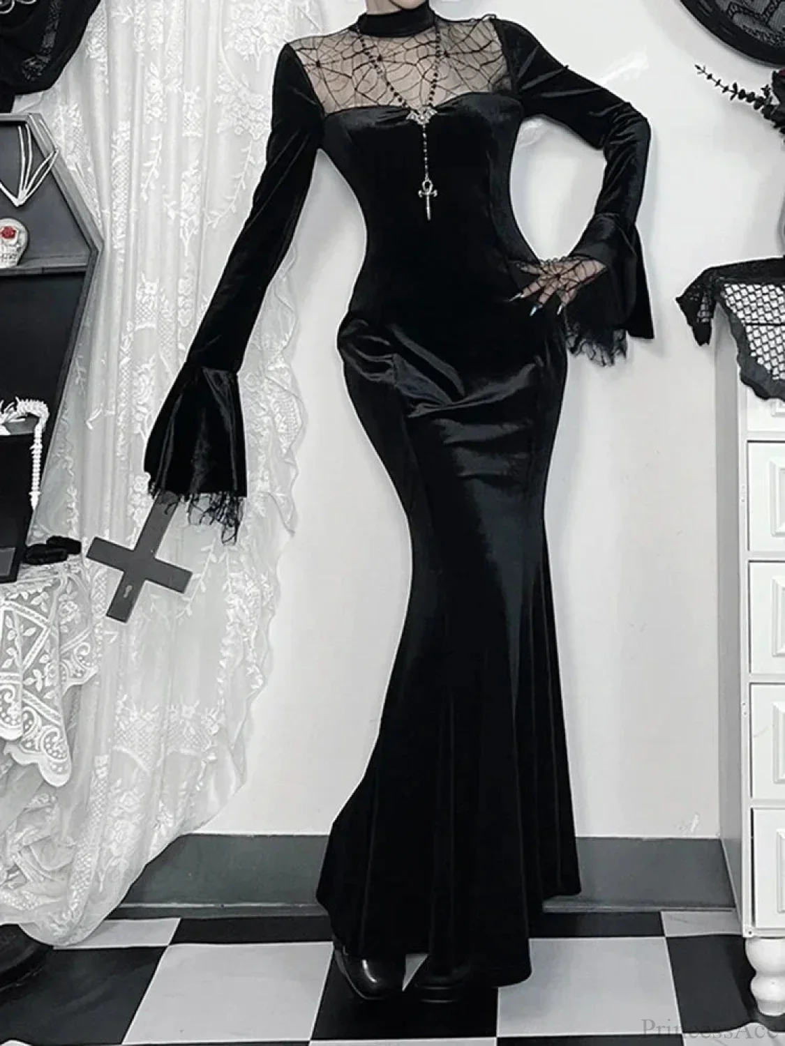 Spider Web Mesh Patchwork Long Dress - Image 2