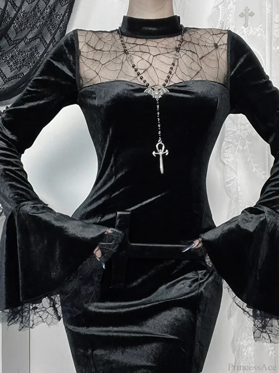 Spider Web Mesh Patchwork Long Dress - Image 3